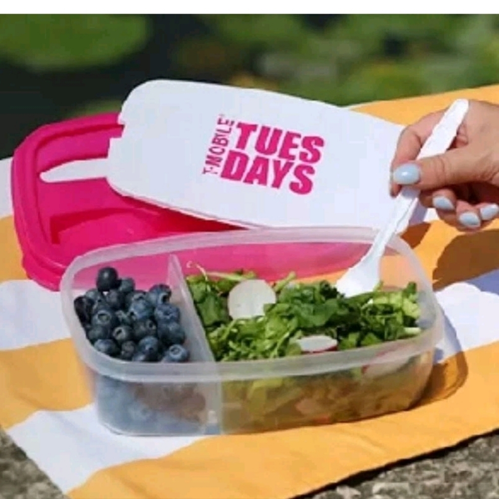 Pink and White Bento Box Food Storage Container With Full Size Knife & Fork